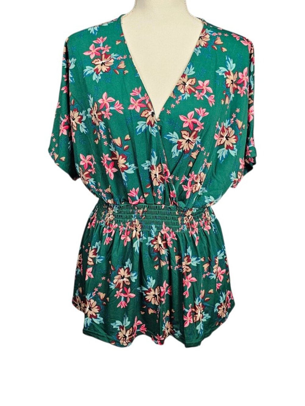 Anna Morgan New York V Neck Short Sleeve Floral Cinched Waist Top New XL Green